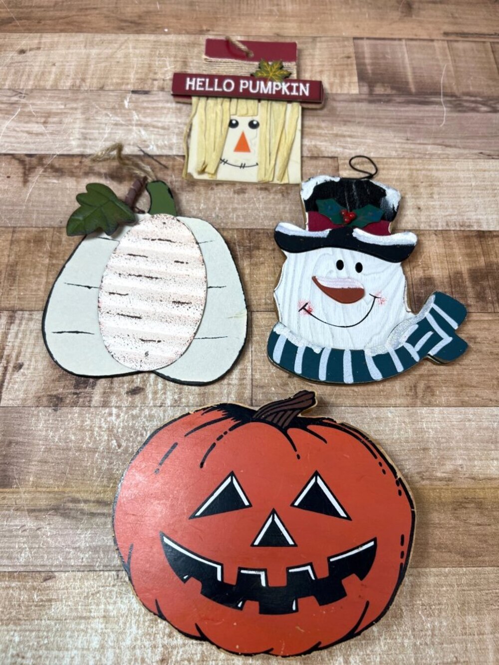 Set Of 3 Wooden Fall & Christmas Ornaments Pumpkin Jar Lid Rustic Holiday Accent
